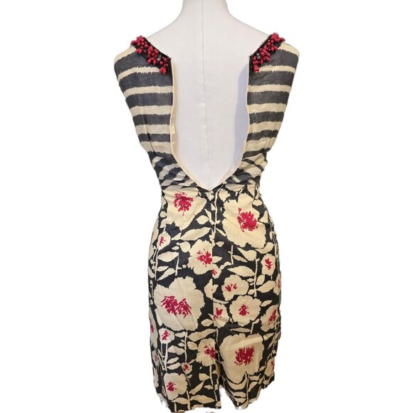 Nanette Lepore Linen & Silk Shift Dress Beaded Floral Brunch Sleeveless Party 0 - Picture 7 of 13